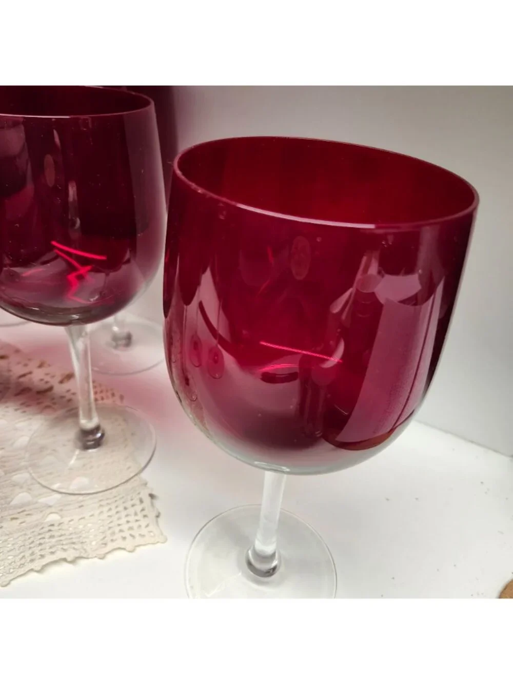 12- Ruby Red Wine Glasses Clear Stem Large Goblets